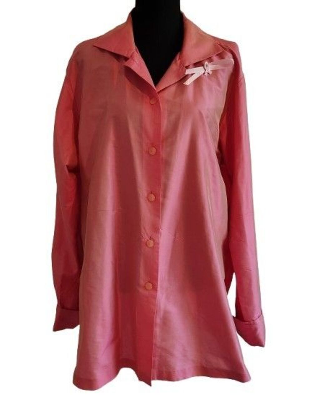 Linda Allard Ellen Tracy Pink Silk Button Up Shirt Blouse Sz 14 Pink Ribbon